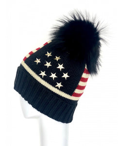Hat, American Flag Stars and Stripes with Genuine Fur Pom - Style HA52