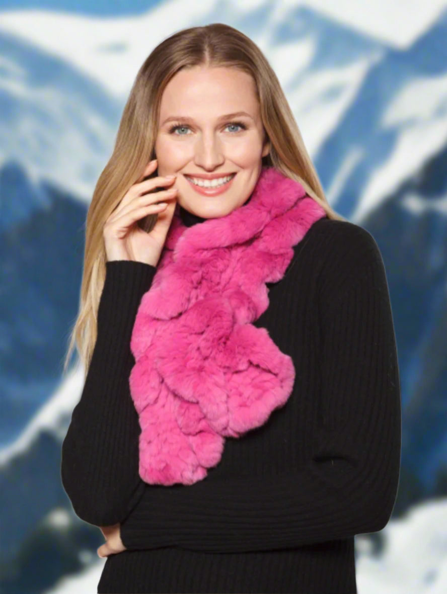 A woman wearing a genuine rex rabbit fur scarf in brown color, styled around the neck.