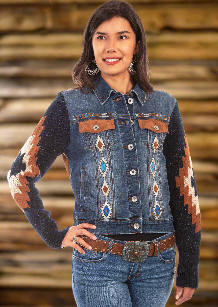 Memphis Grand Denim Jacket with Woven Sleeves-2