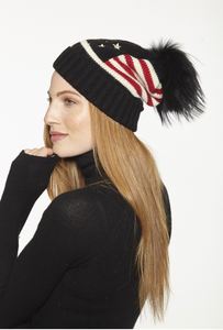 Beautiful-Woman-Wearing-American-Flag-Stars-and-Stripes-Stocking-Cap-with-Genuine-Fur-Pom-Pom-by-Linda-Richards-HA52
