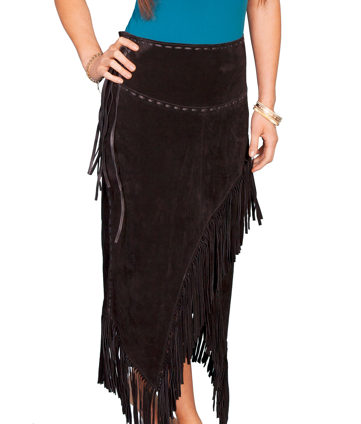 Beautiful-Woman-Wearing-Long-Suede-Fringed-Skirt-by-Scully-L659