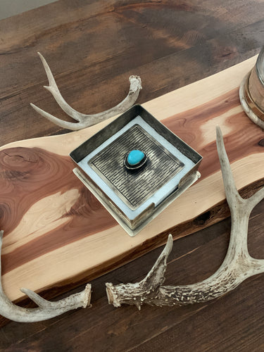 Napkin Holder, Stamped Rustic Silver Cocktail Napkin Holder with Turquoise Top, SALE!