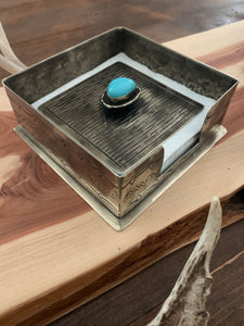 Napkin Holder, Stamped Rustic Silver Cocktail Napkin Holder with Turquoise Top, SALE!
