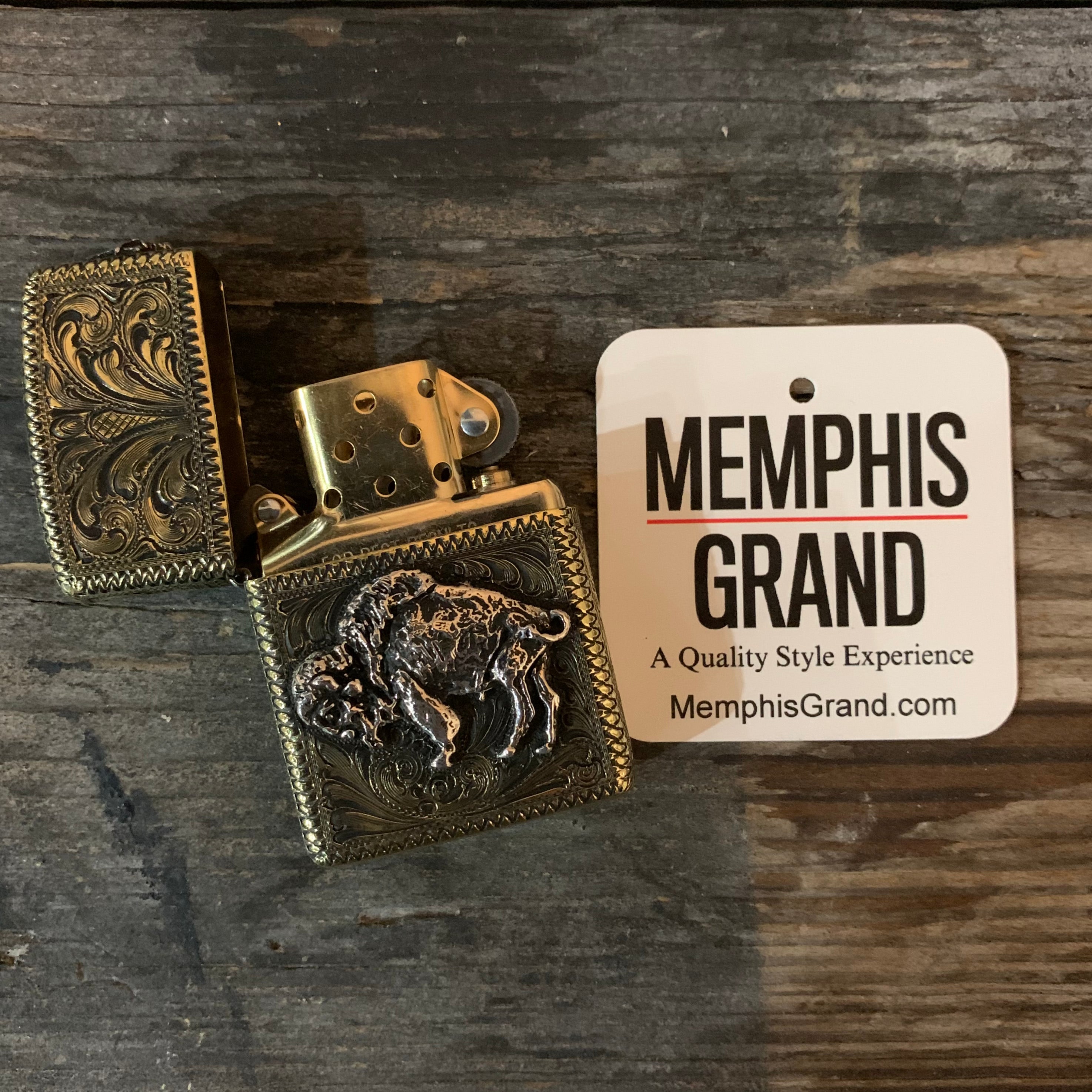 Zippo Lighter with Sterling Silver Buffalo, Engraved Brass Armor