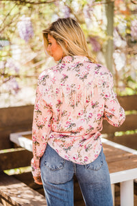 Blouse, Western Vintage Rose Print with Snaps and Fringe - Style HC827 - SALE!