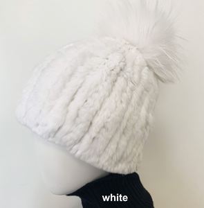 Hat, Genuine Rex Rabbit with Genuine Fox Fur Pom - Style HA57