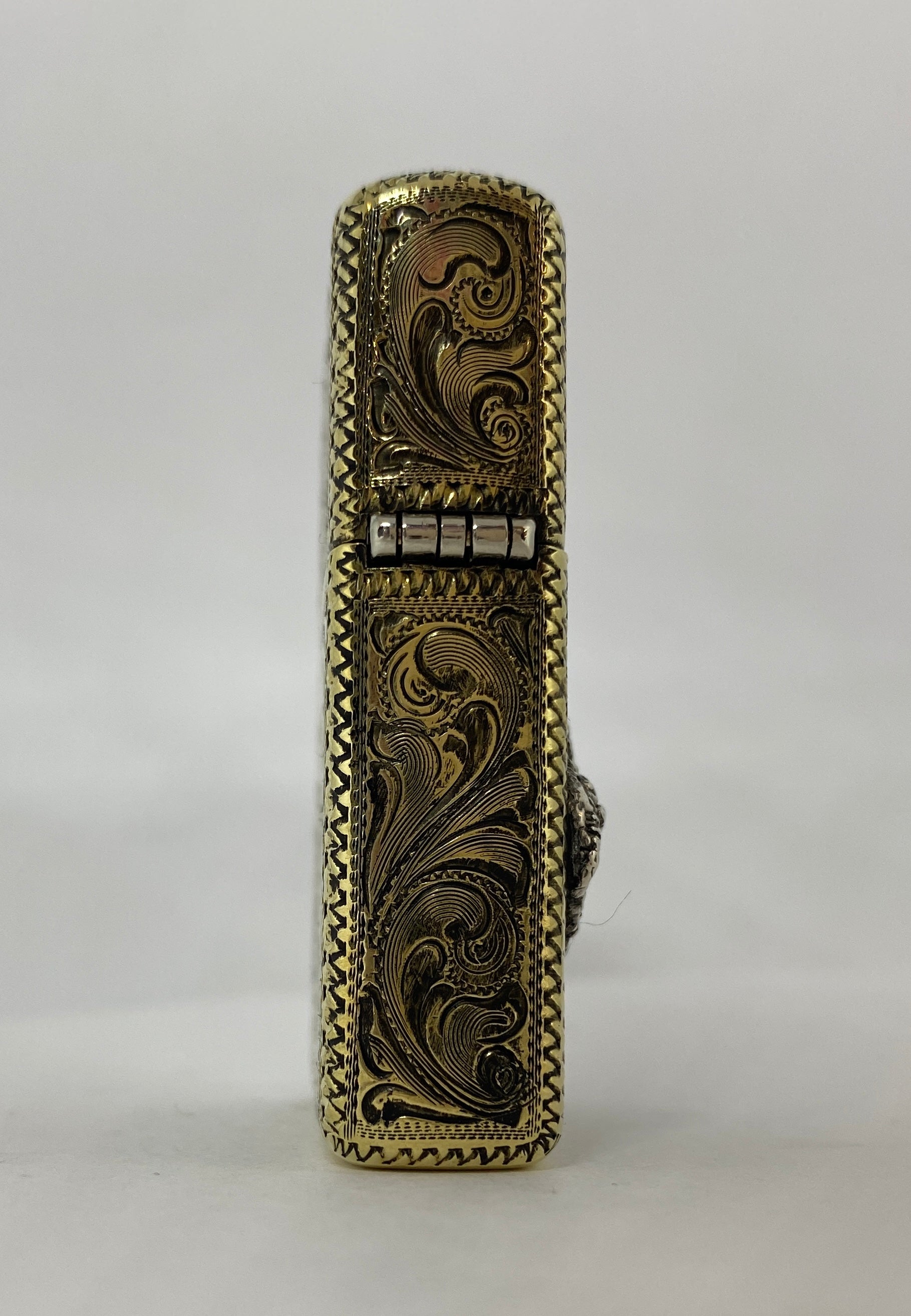 Silver-King-Zippo-Brass-Armor-Lighter-Fully-Engraved-with-Sterling-Silver-Buffalo-Made-in-USA