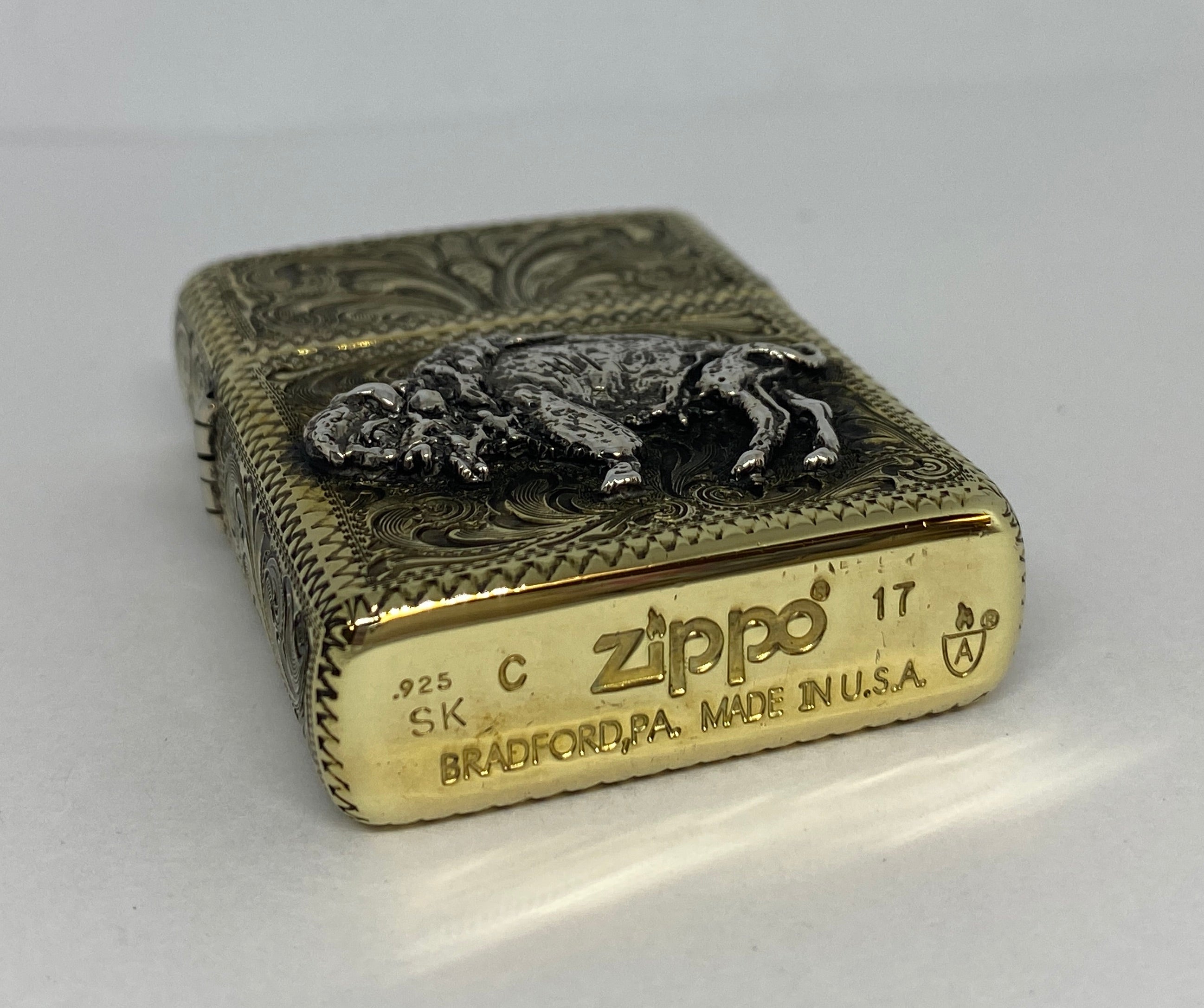 Silver-King-Zippo-Brass-Armor-Lighter-Fully-Engraved-with-Sterling-Silver-Buffalo-Made-in-USA