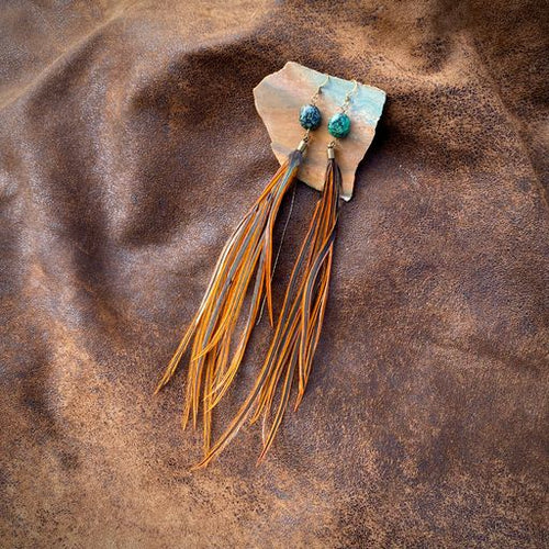 Earrings, Long Feathers with Turquoise Stones & Hooks