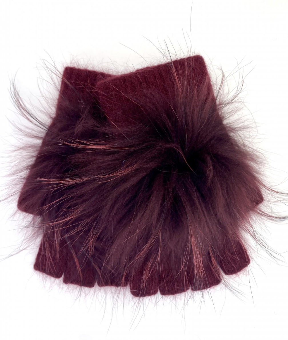 Angora Wool Fingerless Gloves with Fur Pom HW62