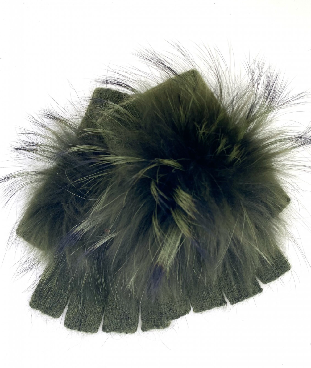Angora Wool Fingerless Gloves with Fur Pom HW62