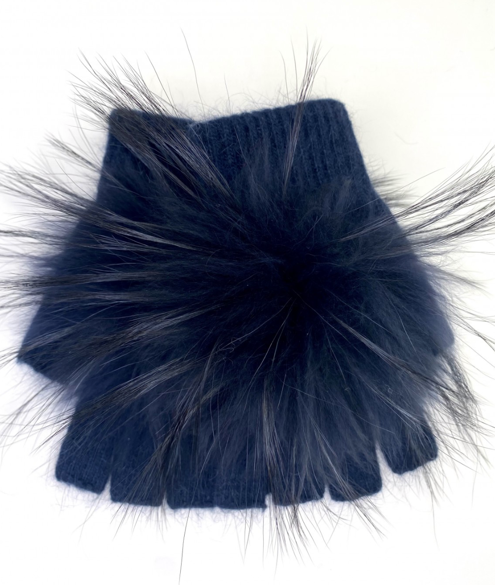Angora Wool Fingerless Gloves with Fur Pom HW62-6