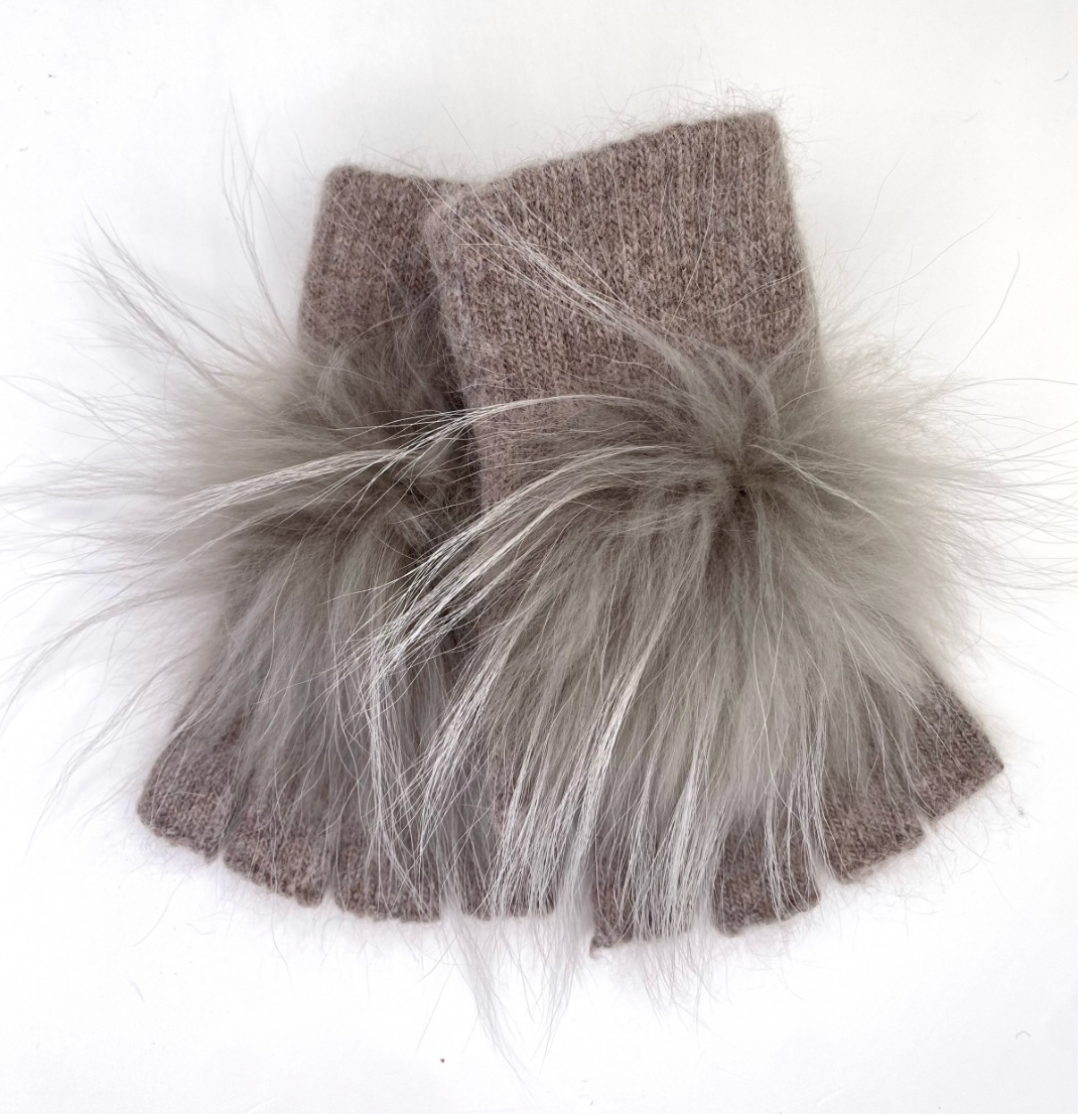 Angora Wool Fingerless Gloves with Fur Pom HW62-9