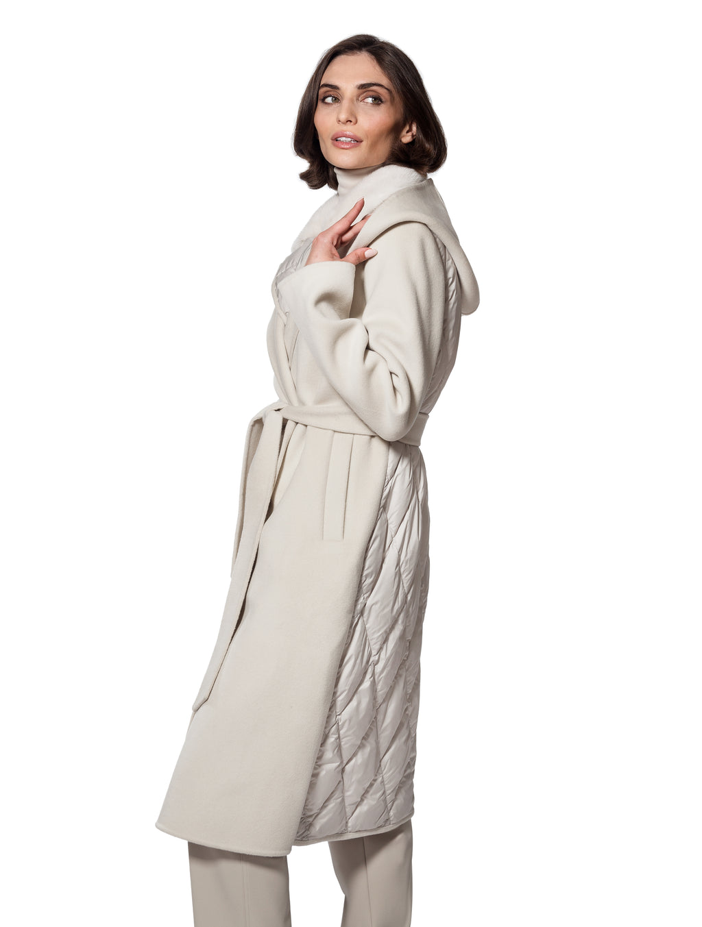 Coat, Cashmere & Wool Blend, Mink Fur Collar with Hood - Linda Richards - Style MK702