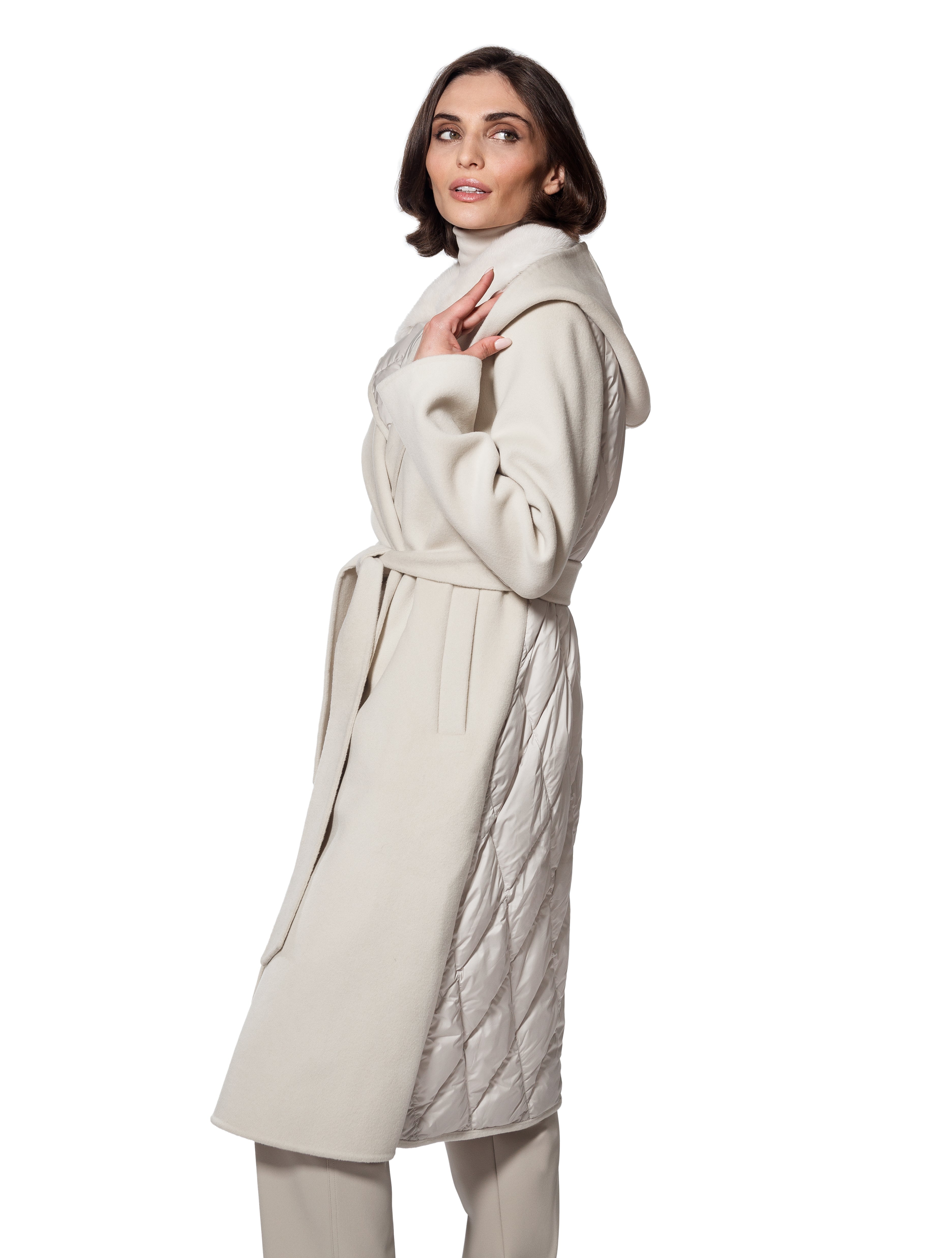 Coat, Cashmere & Wool Blend, Mink Fur Collar with Hood - Linda Richards - Style MK702