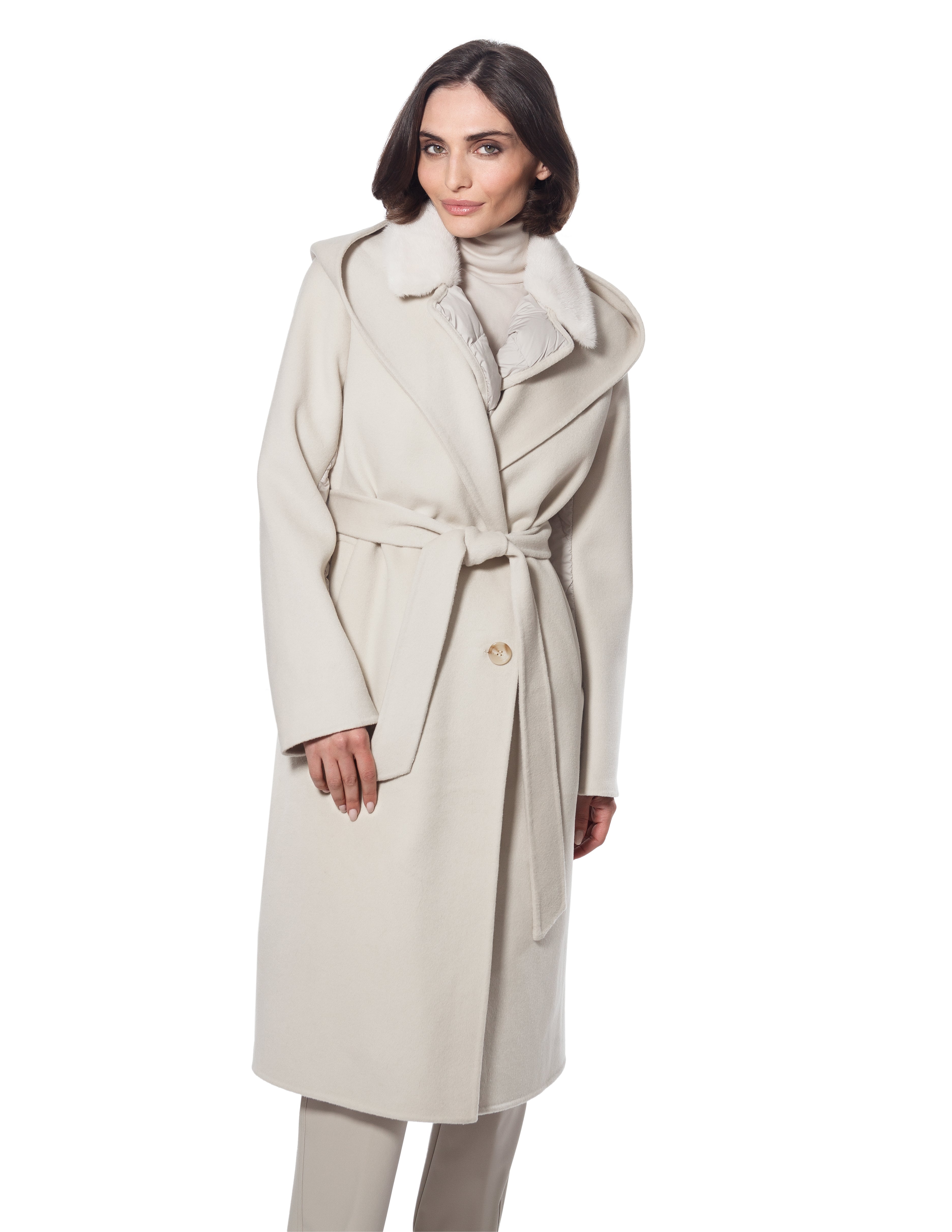 Coat, Cashmere & Wool Blend, Mink Fur Collar with Hood - Linda Richards - Style MK702