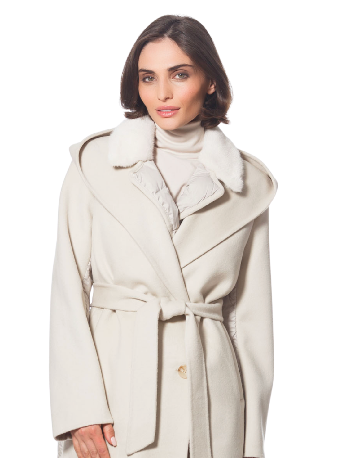 Coat, Cashmere & Wool Blend, Mink Fur Collar with Hood - Linda Richards - Style MK702