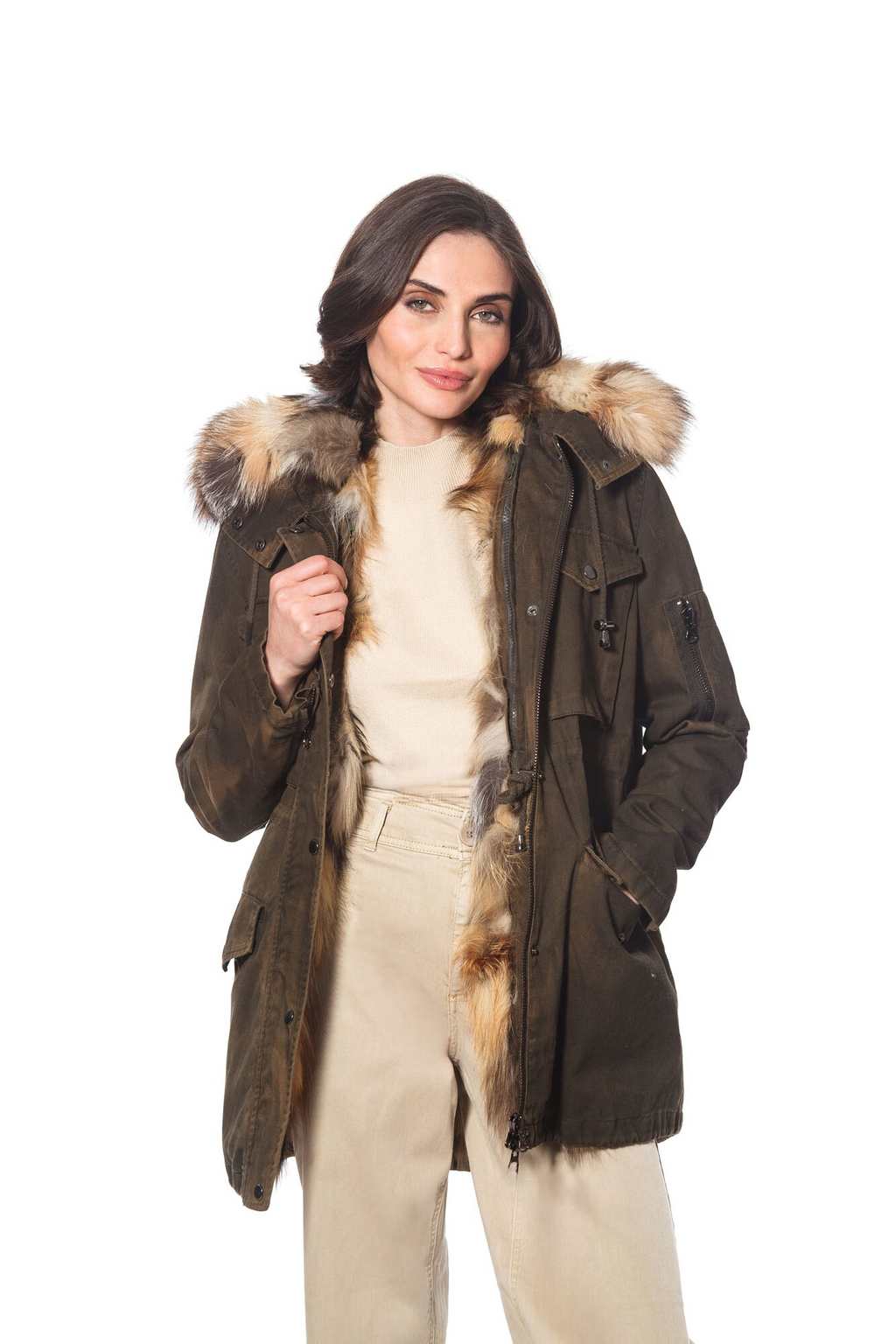 Coat, Crystal Fox Fur Lined Cargo Coat with Hood - Linda Richards - Style 4450