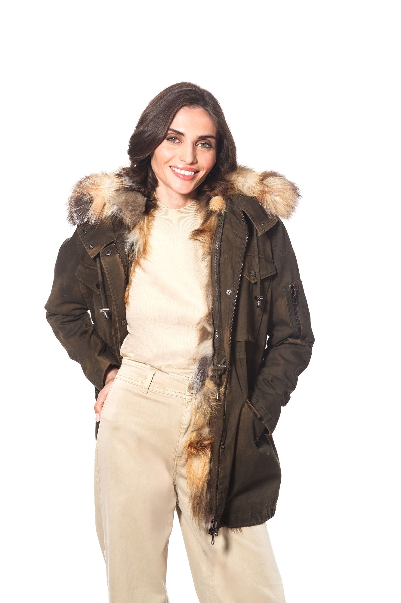Coat, Crystal Fox Fur Lined Cargo Coat with Hood - Linda Richards - Style 4450