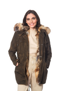 Linda Richards Crystal Fox Fur–Lined Cargo Coat with Hood