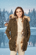 Woman wearing a brown coat with fur hood on a white background