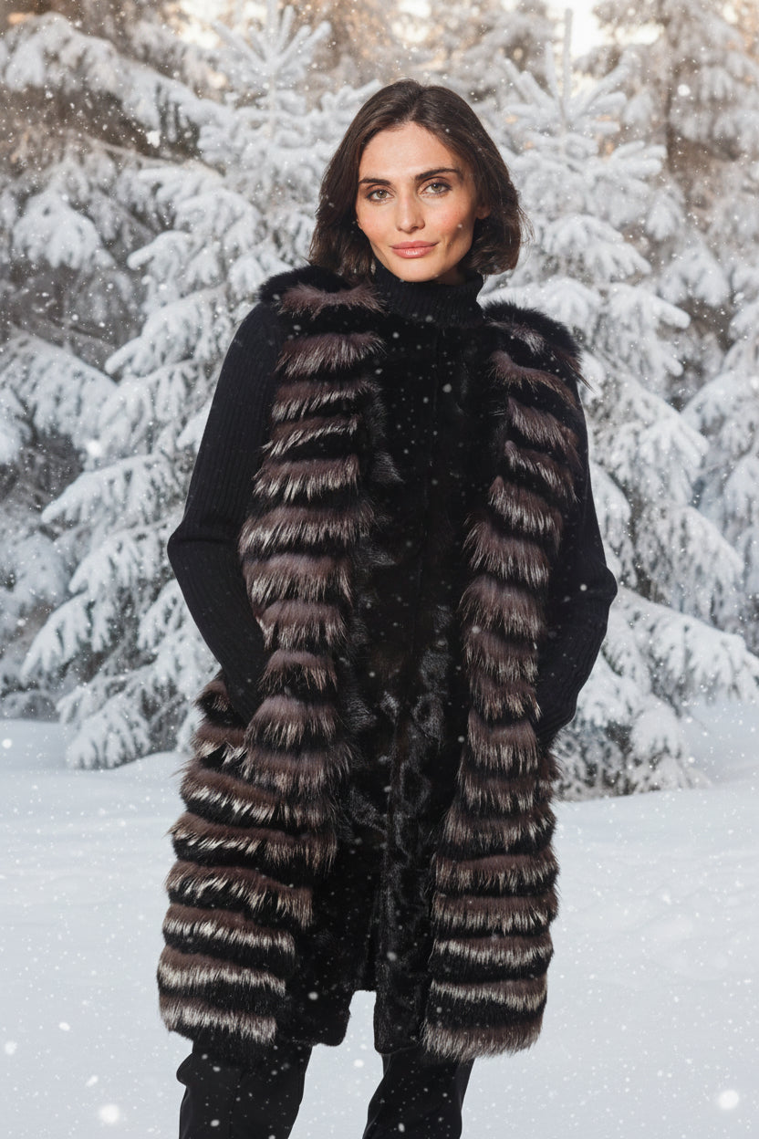 Woman wearing a long fur coat