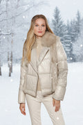 Woman wearing a beige puffer jacket with fur collar