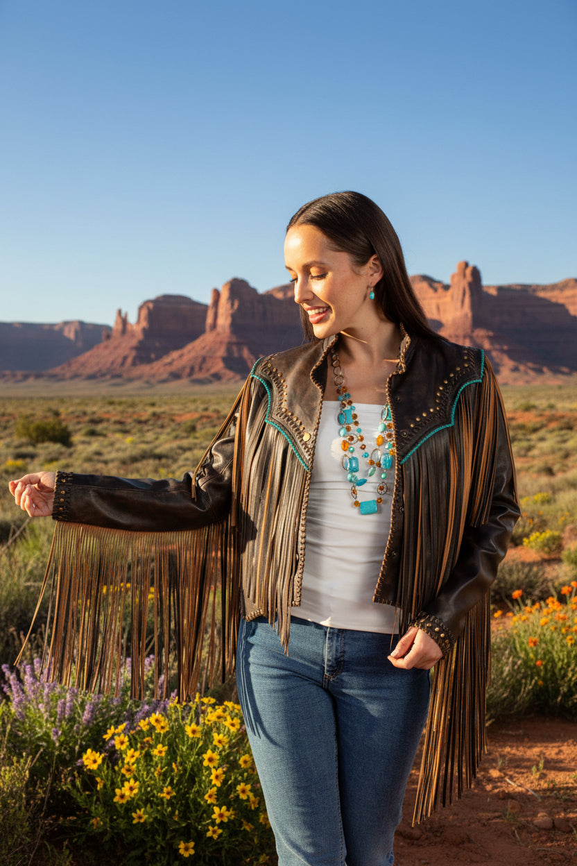 Woman wearing a brown fringe leather jacket on a white background