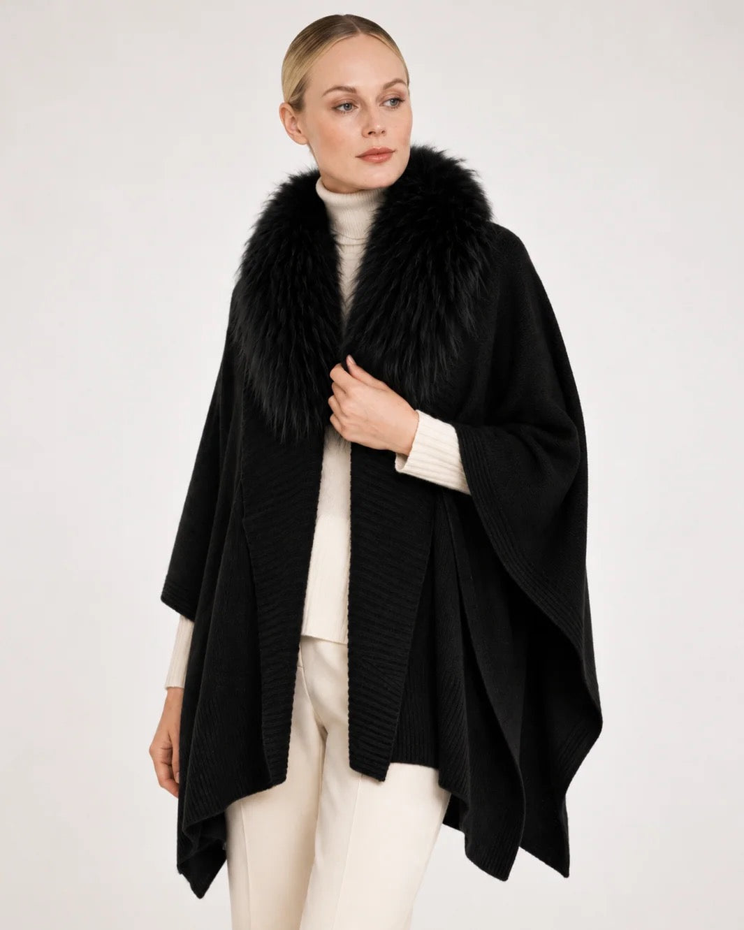 Linda Richards Fox Fur-Trimmed Cashmere Blend Shawl