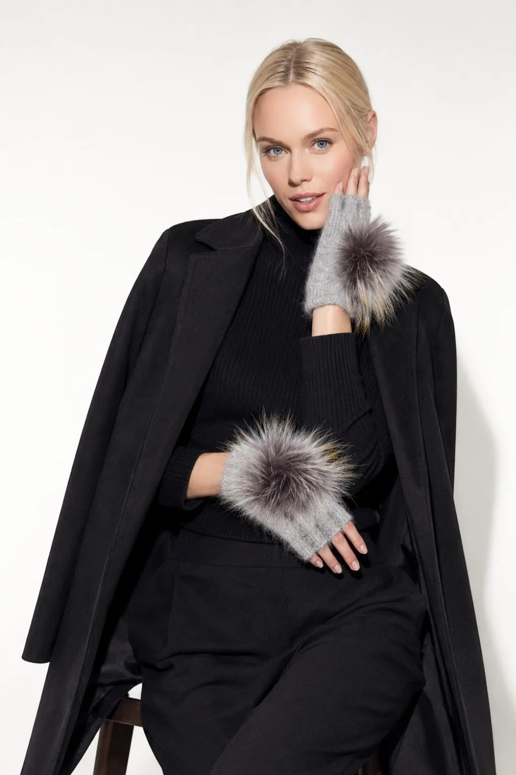 Linda Richards Angora Wool Fingerless Gloves with Fur Pom