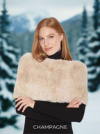 A woman wearing a taupe-colored stretchable infinity scarf made of rex rabbit fur.