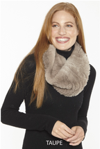 A woman wearing a taupe-colored stretchable infinity scarf made of rex rabbit fur.