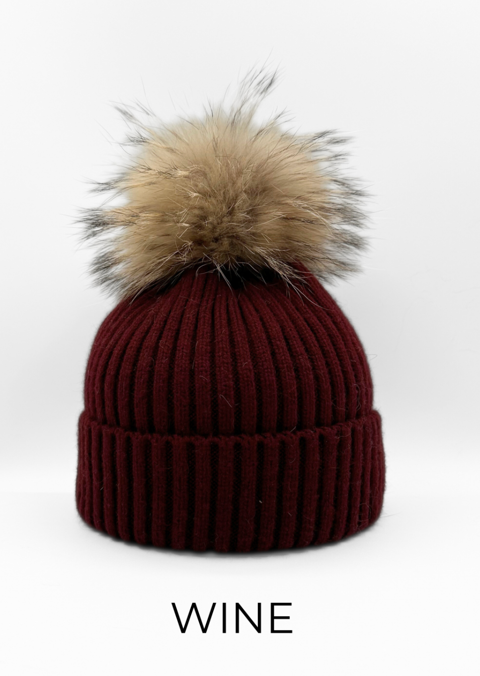 Hat, Wool Ribbed Knit Hat with Genuine Fur Pom, Multiple Colors - Linda Richards - Style HA11