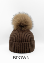 Hat, Wool Ribbed Knit Hat with Genuine Fur Pom, Multiple Colors - Linda Richards - Style HA11