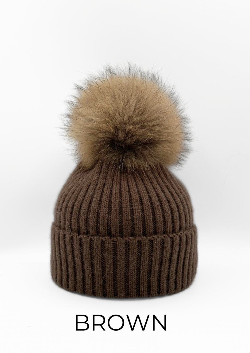 Hat, Wool Ribbed Knit Hat with Genuine Fur Pom, Multiple Colors - Linda Richards - Style HA11