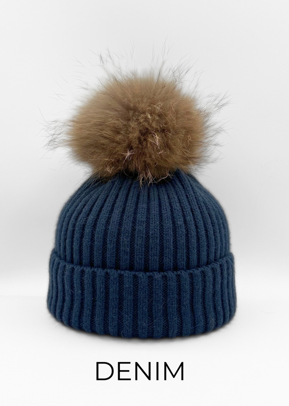 Hat, Wool Ribbed Knit Hat with Genuine Fur Pom, Multiple Colors - Linda Richards - Style HA11
