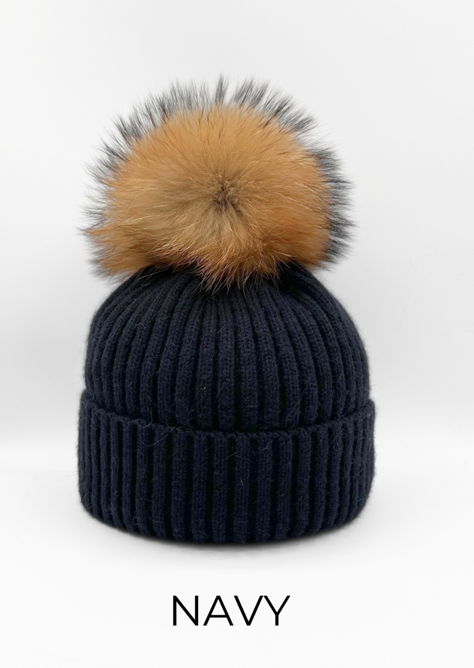 Hat, Wool Ribbed Knit Hat with Genuine Fur Pom, Multiple Colors - Linda Richards - Style HA11