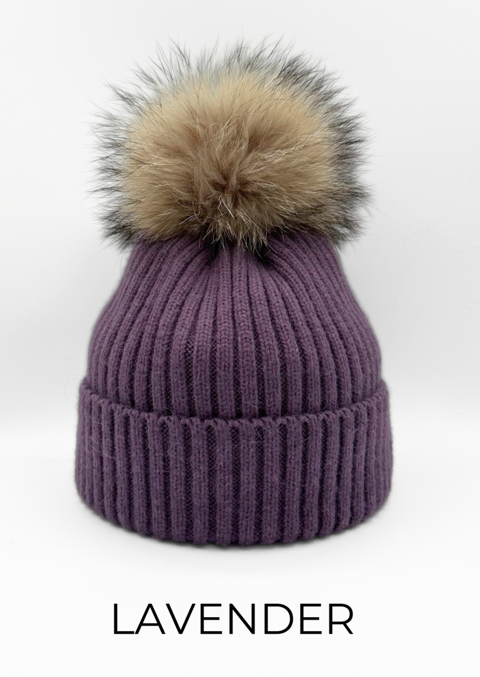 Hat, Wool Ribbed Knit Hat with Genuine Fur Pom, Multiple Colors - Linda Richards - Style HA11