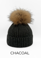 Hat, Wool Ribbed Knit Hat with Genuine Fur Pom, Multiple Colors - Linda Richards - Style HA11