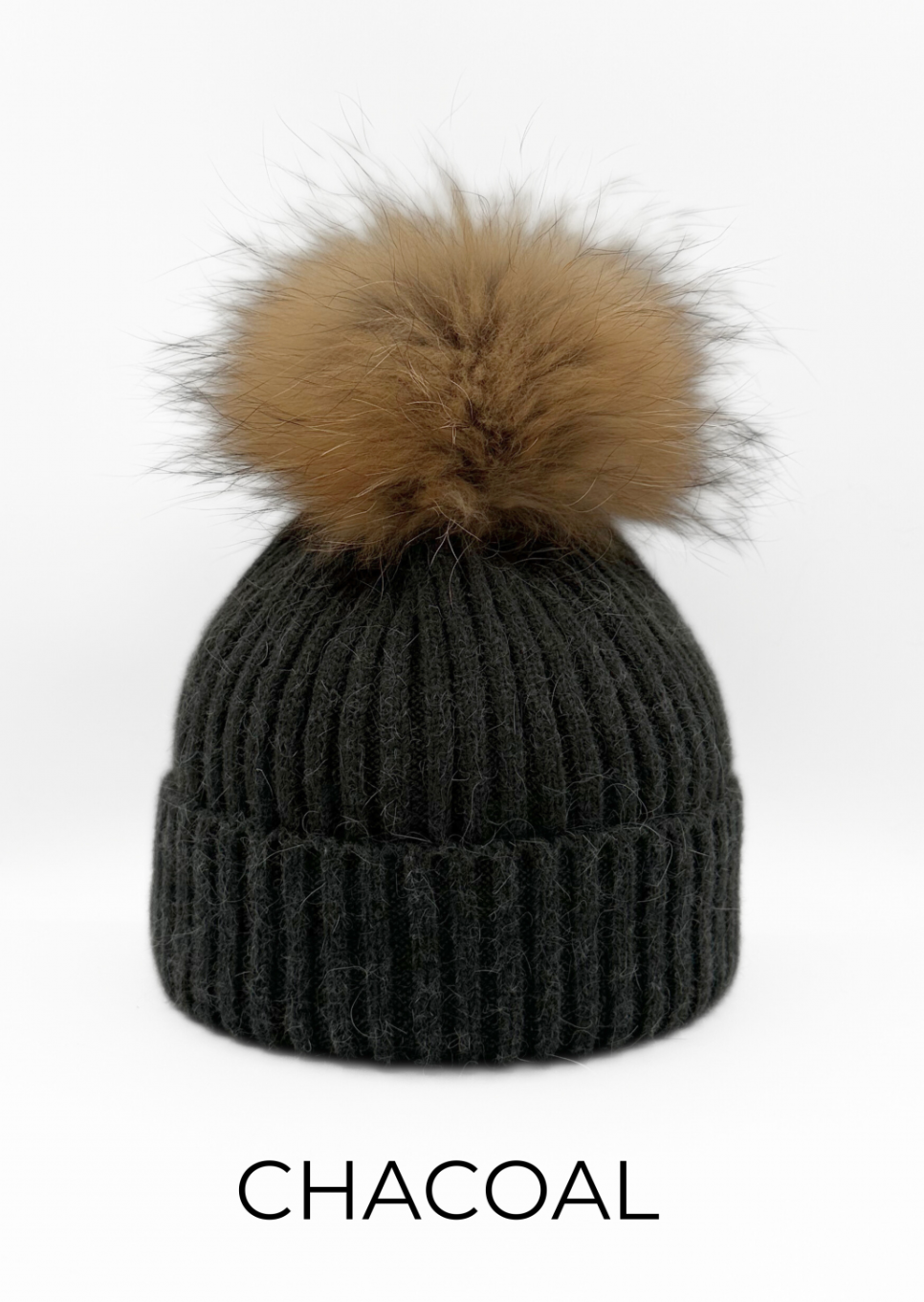 Hat, Wool Ribbed Knit Hat with Genuine Fur Pom, Multiple Colors - Linda Richards - Style HA11