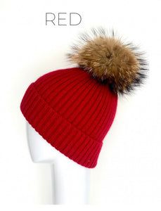 Hat, Wool Ribbed Knit Hat with Genuine Fur Pom Pom, Multiple Colors - Style HA11