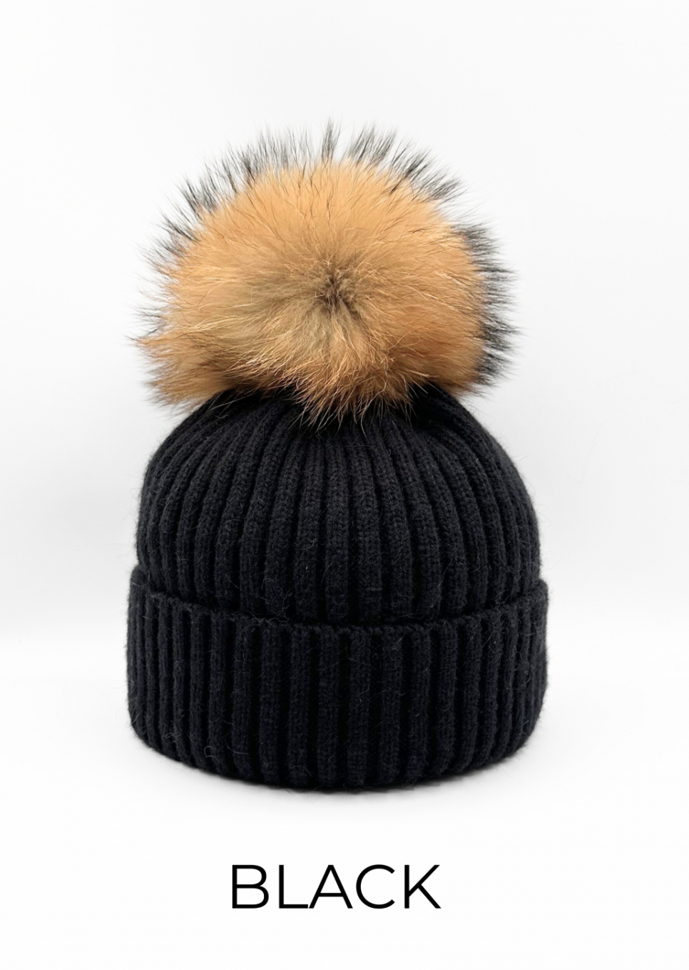 Hat, Wool Ribbed Knit Hat with Genuine Fur Pom, Multiple Colors - Linda Richards - Style HA11