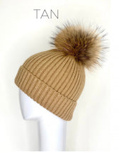 Hat, Wool Ribbed Knit Hat with Genuine Fur Pom, Multiple Colors - Style HA11