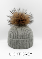 Hat, Wool Ribbed Knit Hat with Genuine Fur Pom, Multiple Colors - Linda Richards - Style HA11