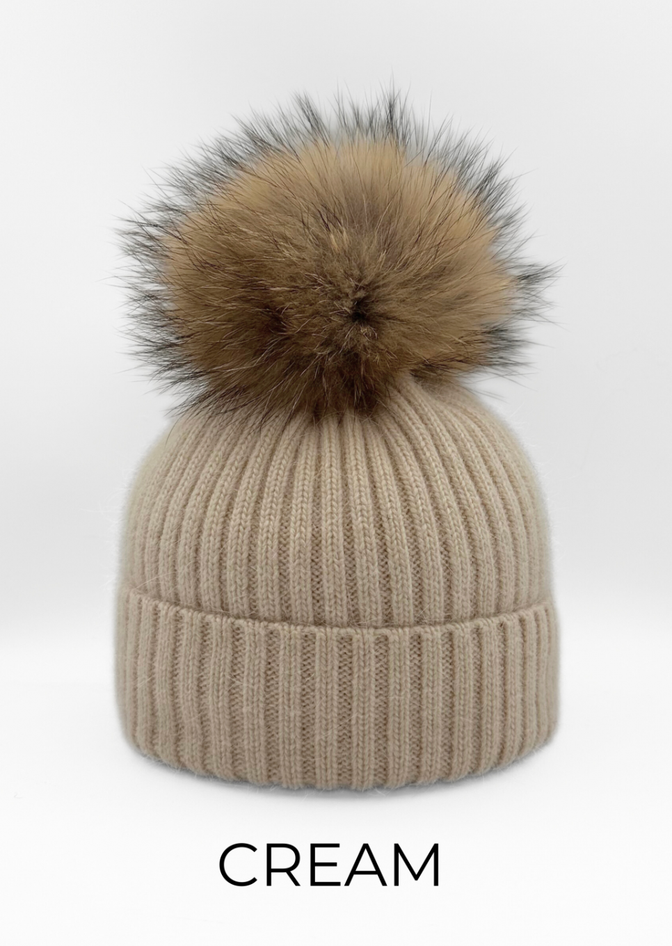 Hat, Wool Ribbed Knit Hat with Genuine Fur Pom, Multiple Colors - Linda Richards - Style HA11