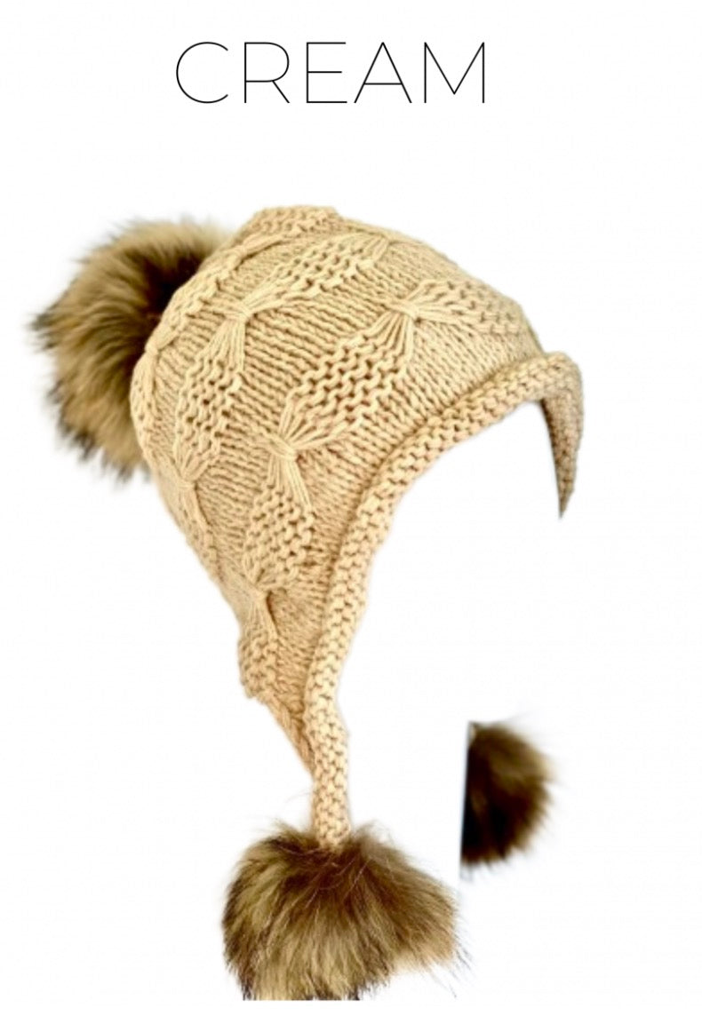 Hat, Wool Heidi Hat with Fur Poms, Multiple Colors - Linda Richards - Style HA5