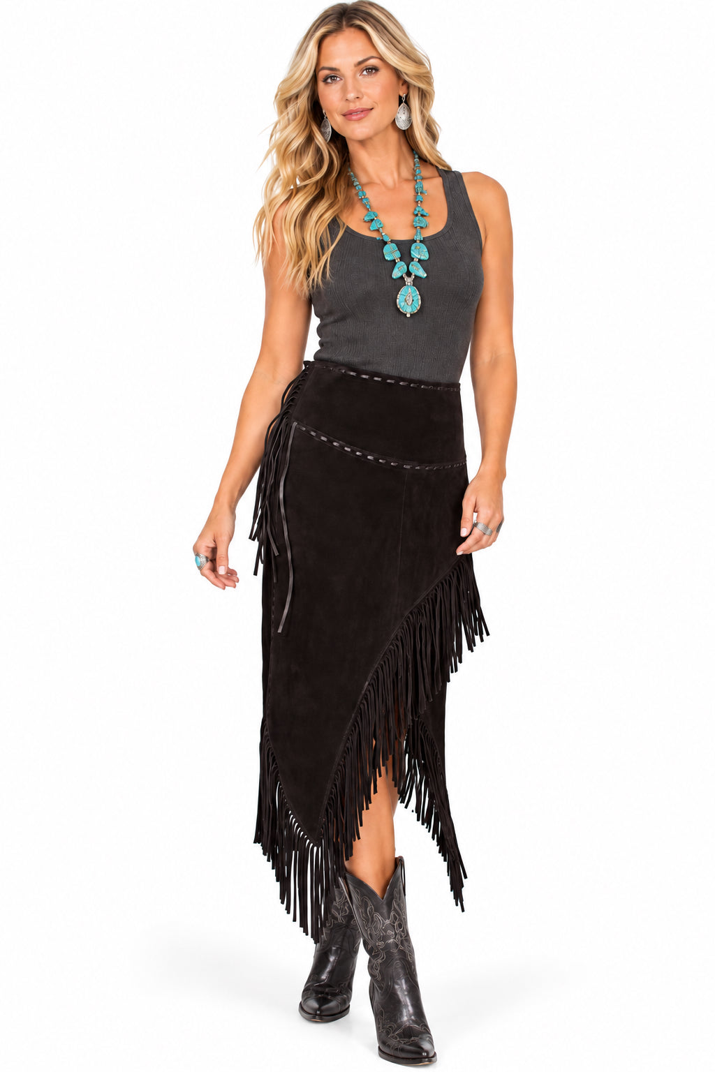Long Western Suede Leather Skirt with Fringe