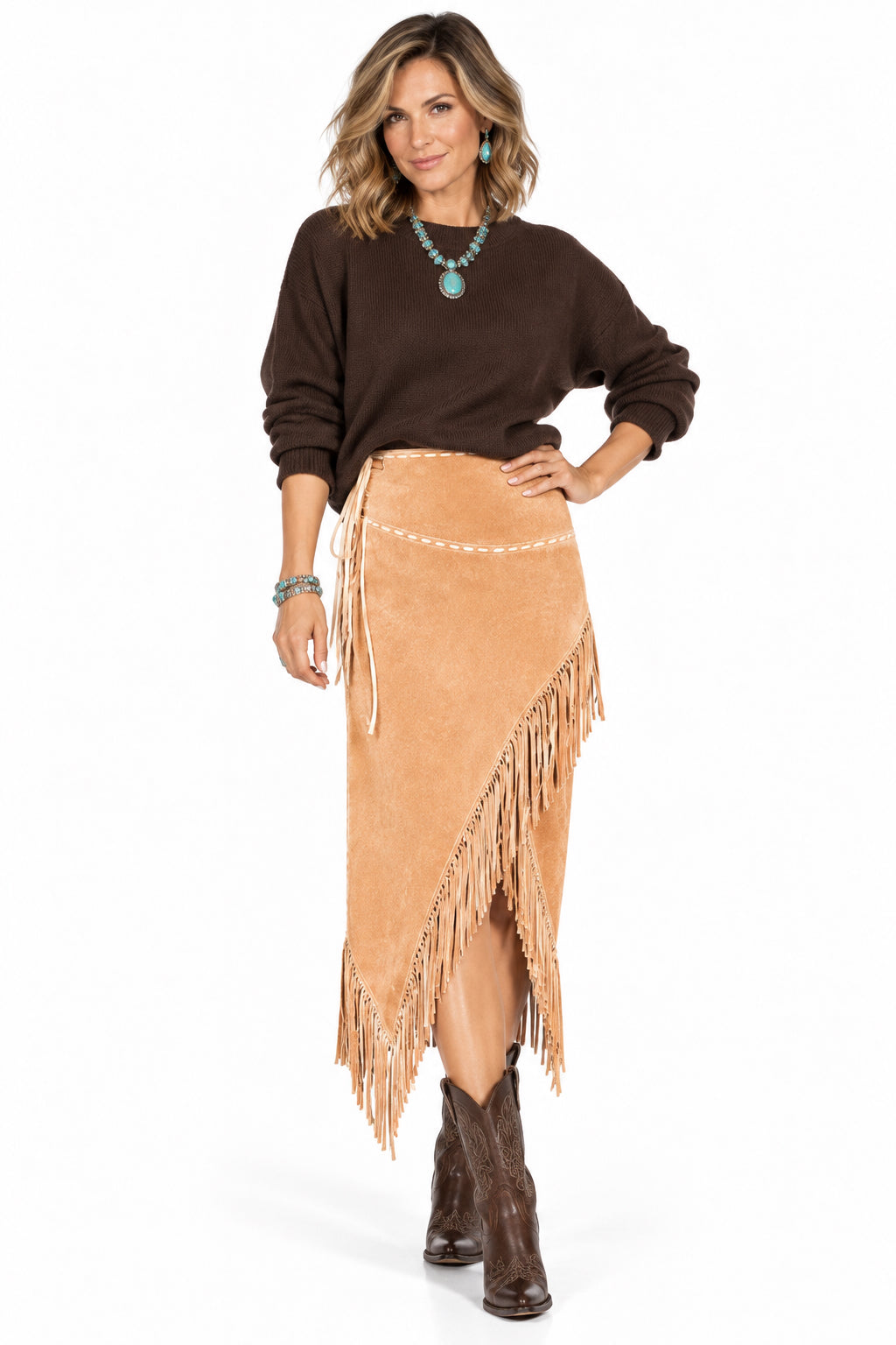 Long Western Suede Leather Skirt with Fringe