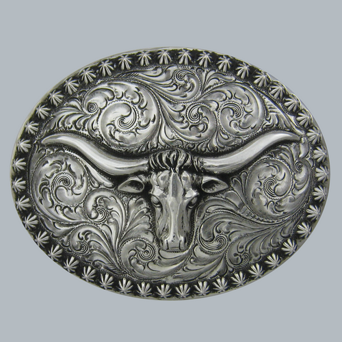 Buckle, Longhorn with Berry Edge, Hand Engraved Sterling Silver TB-D01