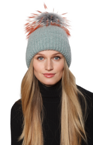 Hat, Angora Wool Blend Ribbed Knit Hat with Genuine Fur Pom, Multiple Colors - Style HA62